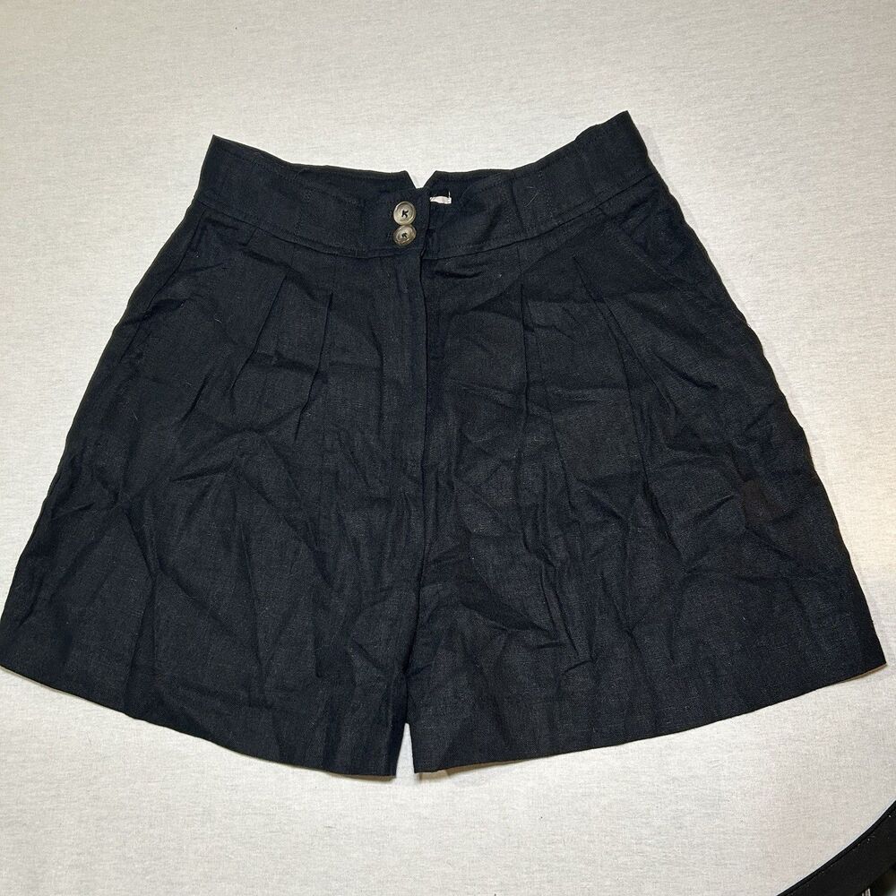 JASON WU Black Pleated Linen Rayon Blend High Rise Shorts 6, Preppy